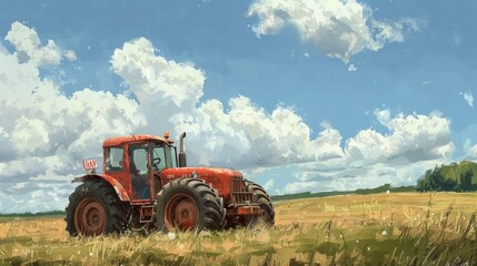 Fototapeta premium A farmer driving a tractor in a field, with a Happy Labor Day sign on the tractor.