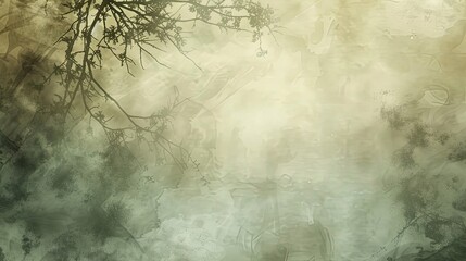 Smooth brush strokes in green and taupe featuring branches and luminous mist