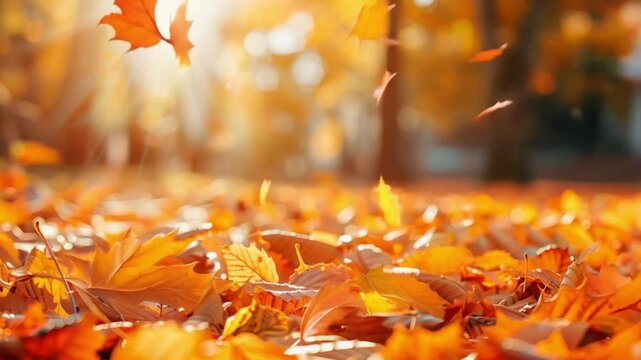 Beautiful autumn landscape, leaves slow motion falling