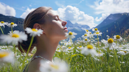 Girl Enjoying Chamomile with Swiss Mountain View