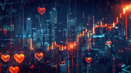 conceptual piece showing the pulse of the stock market, with glowing heartbeats over a background of financial districts at night