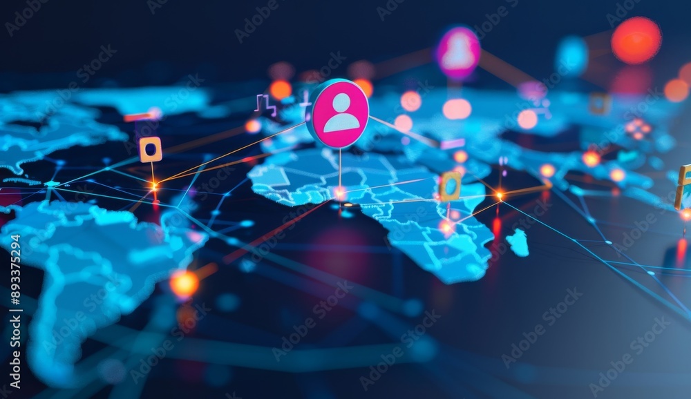 Poster a digital map of the world with interconnected nodes representing global network connections