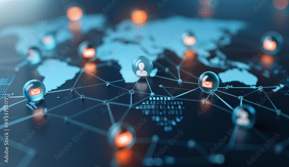 Poster a digital map of the world with interconnected nodes representing global network connections