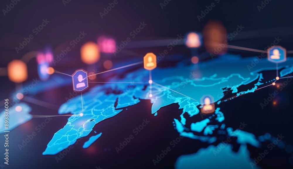 Poster a digital map of the world with interconnected nodes representing global network connections