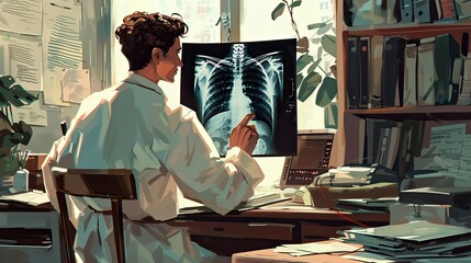 Obraz premium A doctor examining an X-ray, with a thank you message for healthcare workers on Labor Day displayed in the clinic.