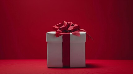 Obraz premium White gift box with red ribbon on red background. Perfect for holidays and special celebrations. Minimalist design emphasizes the festive mood.