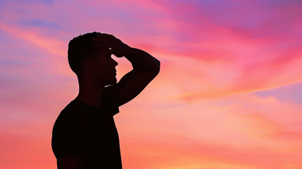 Striking silhouette of Caucasian man in profile at sunset under clear sky.