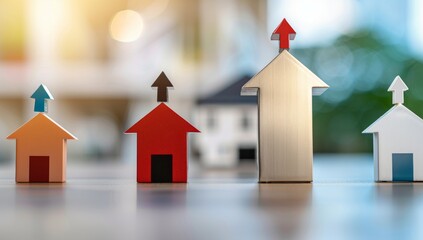 A group of small houses with an arrow pointing upwards, indicating rising home values or real estate value.