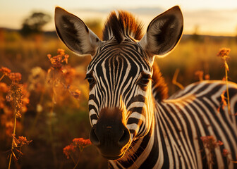 zebra in the field backlit warm lighting sunset nature. 