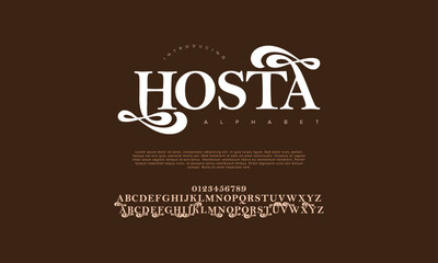 Hosta swash luxury elegant alphabet letters and numbers. Vintage wedding typography classic serif font decorative vintage retro. creative vector illustration