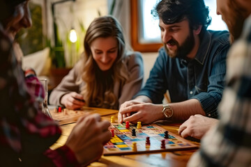 Group of friends women and men playing table board games at home
