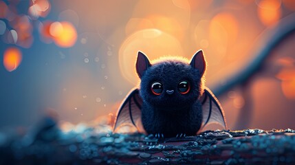 Adorable bat with large orange eyes perched on a branch, surrounded by glowing autumn leaves and a warm, golden background. 3D Halloween cartoon