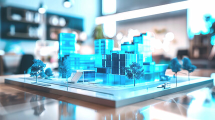 Futuristic blue 3d render model of a city houses or homes on a table in a real estate agency business office. Architecture building, residential property design, apartment housing concept