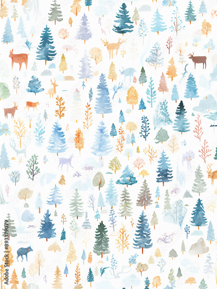Poster colorful watercolor forest pattern filled with various trees and animals creating a lively and charm
