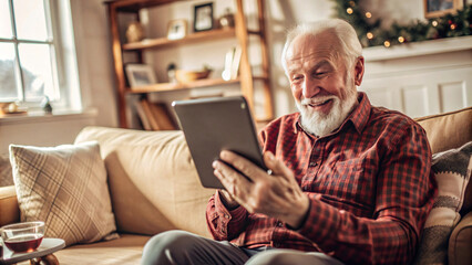 Obraz premium Holiday Cheer: Connected Senior Citizen Enjoys Festive Greetings on Tablet