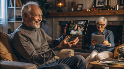 Senior Couple Video Chatting: A loving senior couple enjoys a heartwarming video chat with their family, their faces illuminated with joy and connection. The warm, intimate setting evokes a sense of