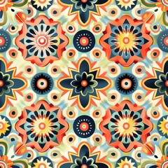 Naklejka premium Sparse arrangement of symbols in a kaleidoscopic pattern, pastel coral backdrop, psychedelic style, vibrant and lively
