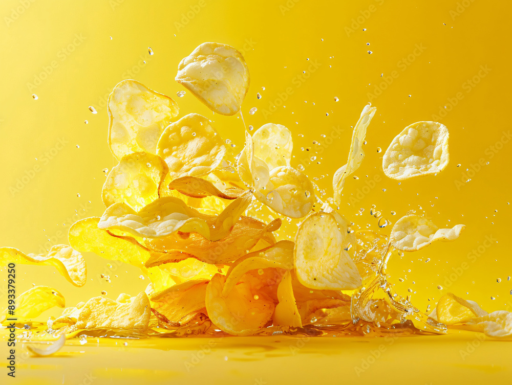 Poster crispy potato chips splashing into water creating a dynamic and refreshing scene with vibrant yellow