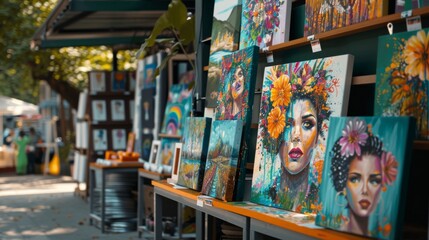 Fototapeta premium Tętniące życiem targi sztuki Skup się na targach sztuki z różnorodnymi kolorowymi dziełami sztuki, z uroczystym tłem na świeżym powietrzu,