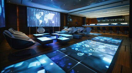 contemporary corporate lounge with interactive digital floor projections and sleek modular seating