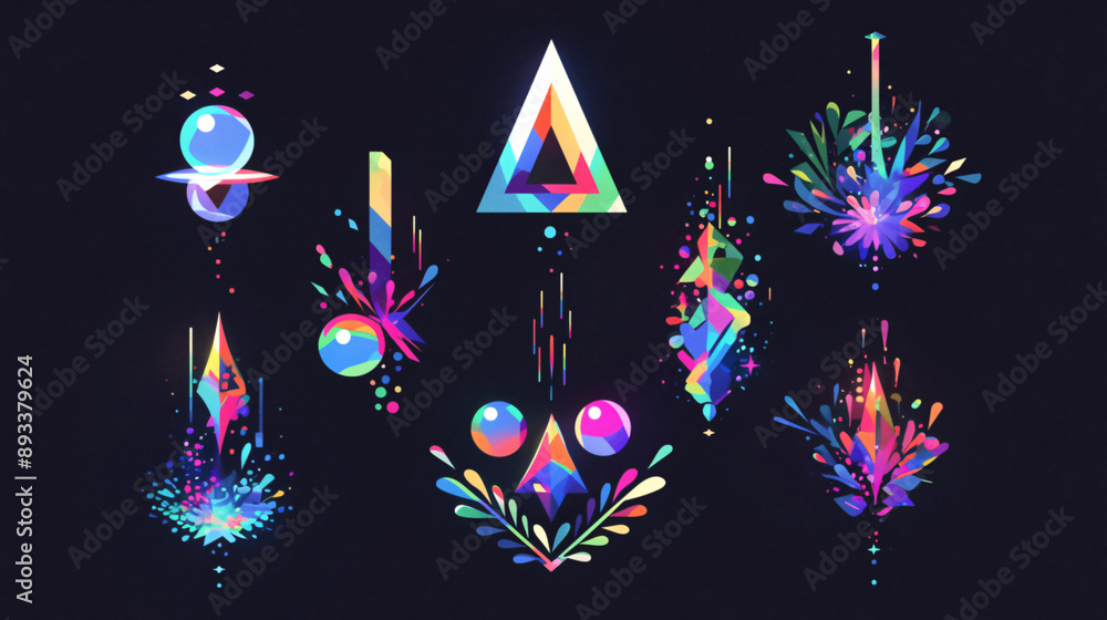 Poster Colorful geometric shapes and patterns creating a vibrant and dynamic abstract design with copy space text for modern art themes