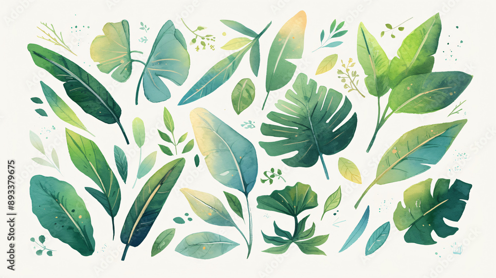 Poster lush green leaves in various shapes and sizes creating a vibrant and refreshing botanical compositio