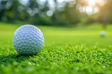 Obraz premium Golf Ball on Lush Green Course at Sunrise