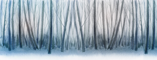 Winter  snowy forest background. Watercolor illustration.