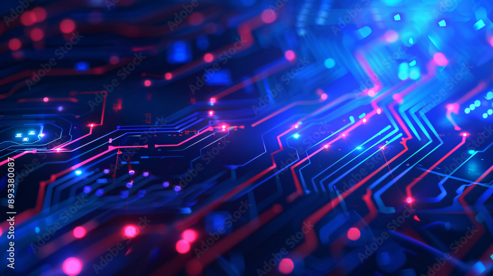 Poster high-tech digital circuit board with vibrant neon lights creating a futuristic and dynamic atmospher