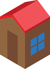 Simple isometric illustration of a small wooden house with a red roof and blue windows