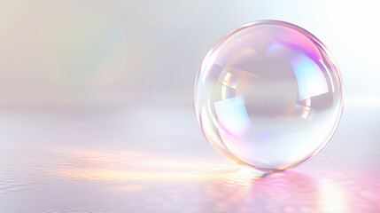 Shimmering soap bubble reflecting light creating a playful and ethereal atmosphere with copy space text for creative designs