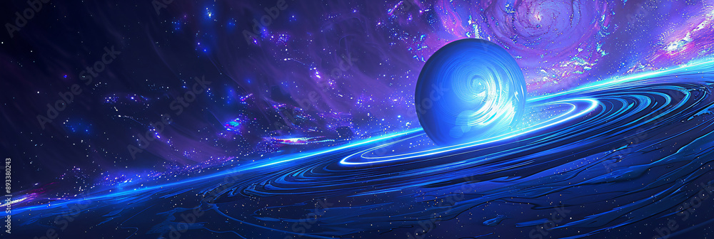 Poster vibrant blue planet surrounded by swirling rings creating an imaginative and cosmic scene with copy 