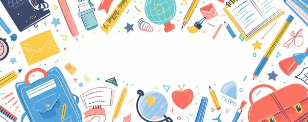 A colorful background with various school supplies such as pencils, pens. Free copy space for text.