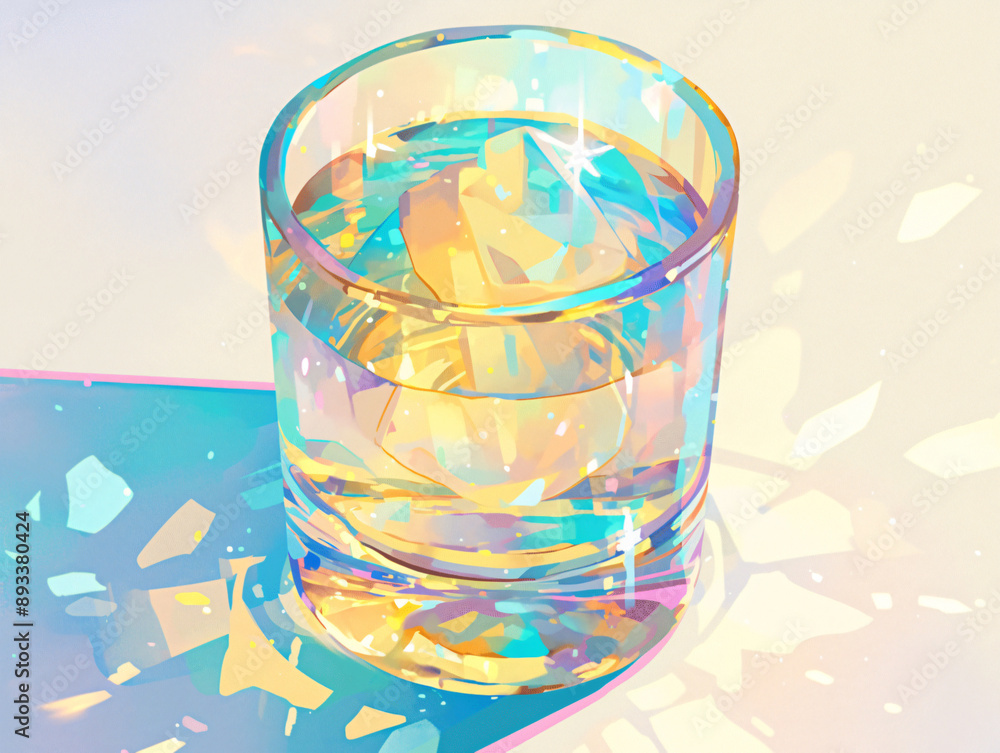 Poster artistic depiction of a glass filled with sparkling liquid reflecting colorful light creating a vibr