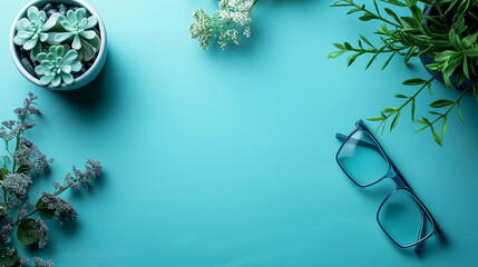 Succulent arrangement with glasses on teal background