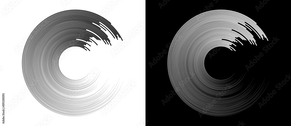 Poster Abstract speed lines like letter C. Logo, icon or design element. Black lines on a white background and white lines on the black side.