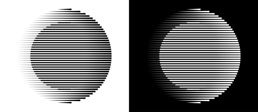 Transition parallel lines in circles. Abstract art geometric background for logo, icon, tattoo. Black shape on a white background and the same white shape on the black side.