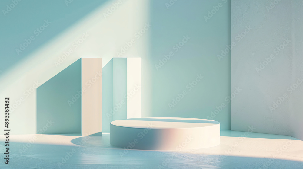 Poster minimalistic interior scene featuring geometric shapes and soft lighting creating a serene and moder