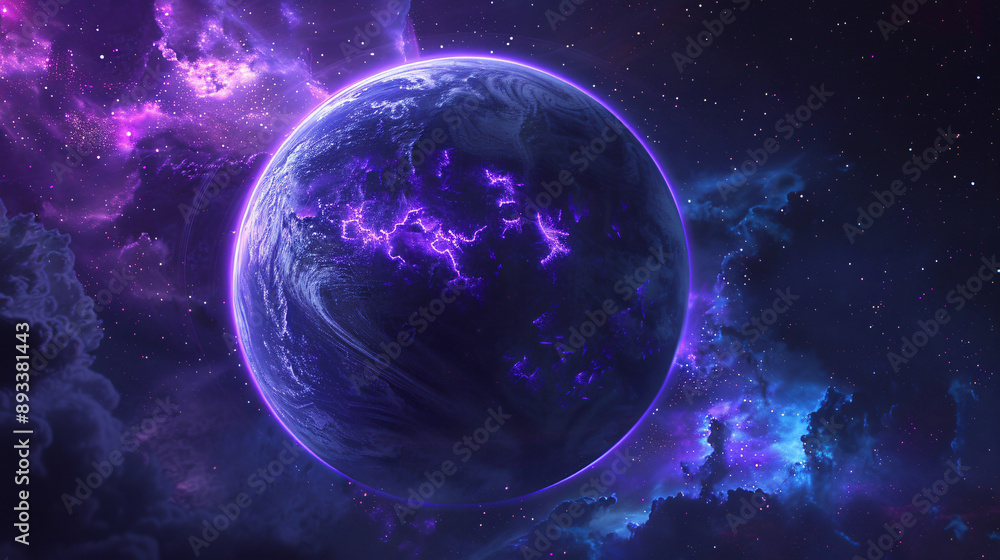 Poster mysterious purple planet surrounded by cosmic clouds creating an enchanting and otherworldly scene p