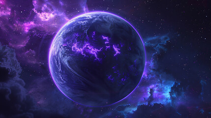 Fototapeta premium Mysterious purple planet surrounded by cosmic clouds creating an enchanting and otherworldly scene perfect for space exploration themes with copy space text