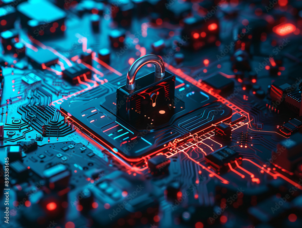 Poster Futuristic cyber lock on a circuit board with glowing elements creating a high-tech and secure atmosphere perfect for technology themes with copy space text