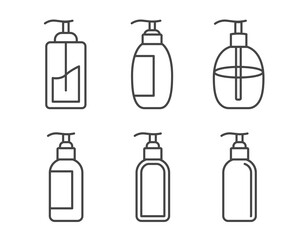 Collection vector icons of beauty, cosmetics and care. Bottle, jar, shower gel, face cream, body lotion, spray, ointment, paste.