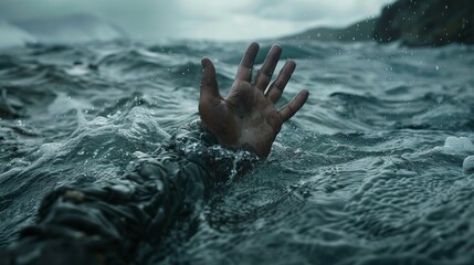 The image depicts a single human hand emerging from the water.   The atmosphere is one of anxiety or urgency, as the raised hand may symbolize a person struggling for life or seeking help.