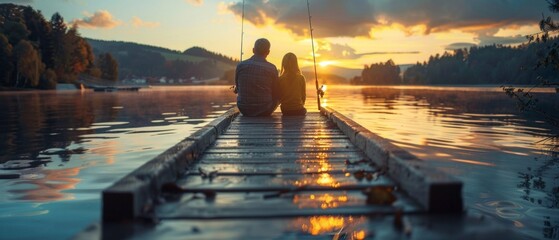 two people sitting at the end of a wooden jetty during sunset. The atmosphere is calm and picturesque, like a moment of peace or romantic reverie.