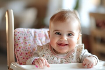 Cute little baby girl sitting in highchair at home and smiling