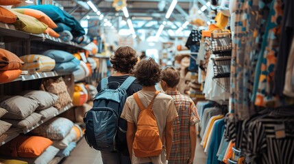 Obraz premium Shopping for Dorm Essentials. Children and parents of higher education age shop for dormitory essentials such as bedding and decorations in large department stores. Person shopping in store