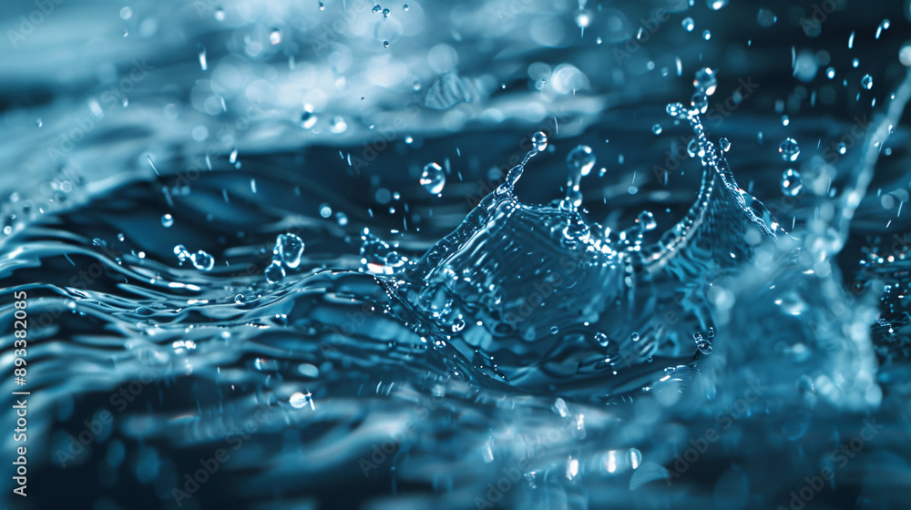 Poster close-up of water droplets creating dynamic splashes and ripples perfect for nature themes with copy