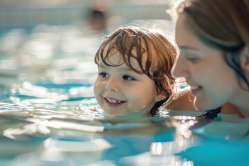 cute little child enjoying swimming lessons in the pool with mother
