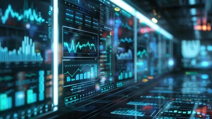 digital screens with various graphs and data analytics visualizations. The atmosphere suggests a high-tech environment, a financial or data monitoring center.