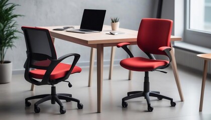 Red office chair placed in front of the table with laptop. Modern workspace or workplace interior design where employees are coming to their job,illustration created with generative ai.